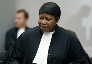 Prosecutor Fatou Bensouda in the courtroom of the International Criminal Court (ICC) during the closing statements of the trial of Bosco Ntaganda, a Congo militia leader, in The Hague, Netherlands, Tuesday Aug. 28, 2018.