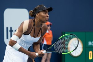 Venus Williams (USA) in action during the Miami Open on March 25, 2019 at Hard Rock Stadium in Miami Gardens, FL. Photo by Aaron Gilbert