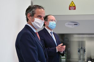 IAEA Director General Rafael Mariano Grossi, with His Excellency Mr Alexander Schallenberg, Federal Minister for European and International Affairs of the Republic of Austria, at the new Animal Production and Health Laboratory (APHL) in Seibersdorf, Austria. 5 June 2020