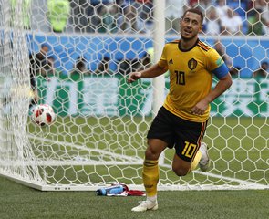 Belgium's Eden Hazard runs in celebration after scoring his side's second goal during the third place match between England and Belgium at the 2018 soccer World Cup in the St. Petersburg Stadium in St. Petersburg, Russia, Saturday, July 14, 2018.