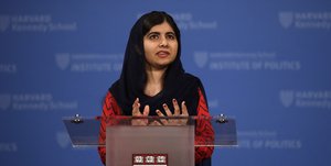 2014 Nobel Laureate Malala Yousafzai during an address at the Kennedy School's Institute of Politics at Harvard University, Thursday, Dec. 6, 2018.