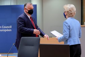 On 25 May 2021, Ursula von der Leyen, President of the European Commission, gives document to  Viktor Orban, Prime Minister of Hungary,  during the Special meeting of the European Council, Brussels, Belgium.