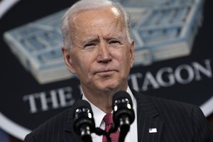 President Joe Biden delivers remarks in a press event with Secretary of Defense Lloyd J. Austin III and Vice President Kamala Harris, the Pentagon, Washington, D.C., Feb. 10, 2021.