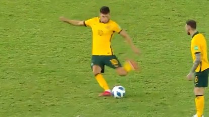 Ajdin Hrustic has scored a dream maiden international goal for the Socceroos.