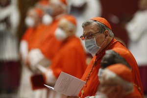 Cardinal George Pell attends a consistory ceremony where 13 bishops were elevated to a cardinal's rank in St. Peter’s Basilica at the Vatican, Saturday, Nov. 28, 2020.