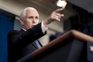 Vice President Mike Pence addresses his remarks at a coronavirus (COVID-19) update briefing Thursday, April 9, 2020, in the James S. Brady Press Briefing Room of the White House.