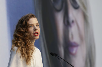 Bianca Spender speaks during a tribute to fashion designer Carla Zampatti at Fashion Week.