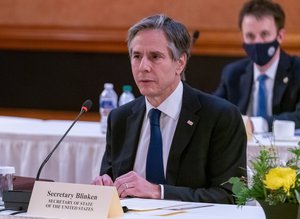 Secretary of State Antony J. Blinken and National Security Advisor Jake Sullivan meet with CCP Director of the Office of the Central Commission for Foreign Affairs Yang Jiechi and State Councilor Wang Yi, in Anchorage, Alaska, on March 18, 2021.