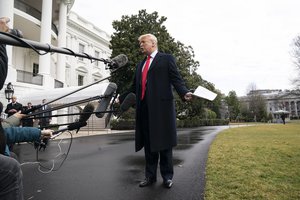 President Donald J. Trump talks to members of the press on the South Lawn of the White House Friday, Feb. 7, 2020, prior to boarding Marine One to begin his trip to Charlotte, N.C.