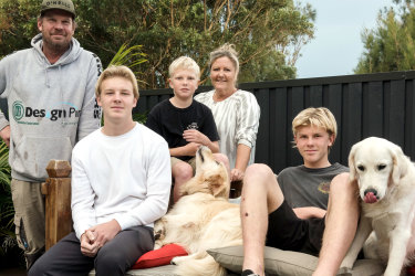 Mitchell Smith, wife wife Nicky and their three Kids at their home in Warriewood. How Covid has made it virtually impossible to find regional accommodation during school holidays, and why families are skipping school to have a family holiday. Photographed Friday 4th June 2021. Photograph by James Brickwood. SMH NEWS 210604 Mitchell Smith, wife wife Nicky and their three Kids at their home in Warriewood. How Covid has made it virtually impossible to find regional accommodation during school holidays, and why families are skipping school to have a family holiday. Photographed Friday 4th June 2021. Photograph by James Brickwood. SMH NEWS 210604 
