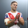 Long-awaited return: Jack de Belin leaves the field at Kogarah on Thursday night. Dragons sponsor Norm Black says the NRL should repay the club for at least some of de Belin’s wages while he was stood down. 