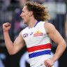 Bulldogs spearhead Aaron Naughton celebrates a goal against the Dockers at Optus Stadium.