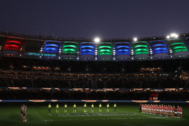 The incredible scene set at Optus Stadium for the Dreamtime blockbuster between Richmond and Essendon.