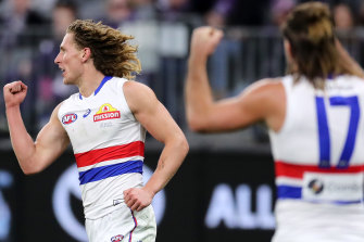 Bulldogs spearhead Aaron Naughton celebrates a goal against the Dockers at Optus Stadium.