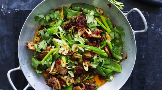 Stir-fried pork with snowpeas and XO sauce.