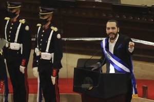 El Salvador's President Nayib Bukele delivers his annual address to the nation before Congress, in San Salvador, El Salvador, Tuesday, June 1, 2021.