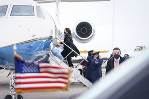 Vice President Kamala Harris boards Air Force Two at Denver International Airport in Denver Tuesday, March 16, 2021, en route to Joint Base Andrews, Maryland