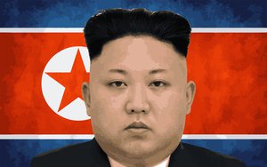 File photo: Kim Jong Un portrait on North Korea flag as background