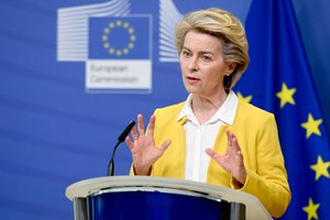 14 April 2021, Ursula von der Leyen, President of the European Commission, delivers a statement on developments in the Vaccines Strategy, Brussels, Belgium.