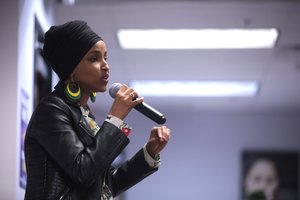 U.S. Congresswoman Ilhan Omar speaking with supporters of U.S. Senator Bernie Sanders at a canvass launch at the Bernie Sanders for President southwest campaign office in Las Vegas, Nevada,February 9, 2020