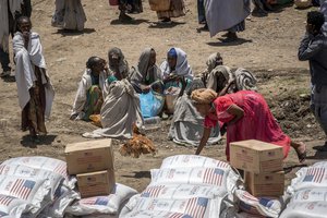 In this Saturday, May 8, 2021, file photo, a woman chases a chicken as others sit and wait to receive foodstuffs such as wheat, yellow split peas and vegetable oil at a food distribution operated by the Relief Society of Tigray in the town of Agula, in the Tigray region of northern Ethiopia