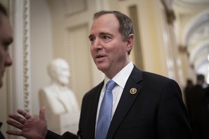 FILE - In this Tuesday, March 3, 2020, file photo, House Intelligence Committee Chairman Adam Schiff, D-Calif., talks to reporters as lawmakers work to extend government surveillance powers that are expiring soon, on Capitol Hill in Washington.