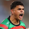 Latrell Mitchell celebrates forcing an error from the Knights at Stadium Australia.