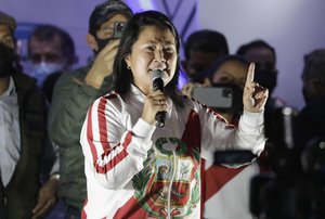 Presidential candidate Keiko Fujimori gives a speech during a protest against alleged election fraud, in Lima, Peru