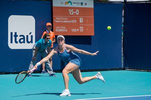 Anastasia Pavlyuchenkova (RUS) in action during the Miami Open on March 22, 2019 at Hard Rock Stadium in Miami Gardens, FL. Photo by Aaron Gilbert