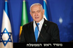 Benjamin Netanyahu at press conference during Brazil president Jair Bolsonaro visit