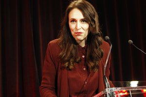 New Zealand's Labour Party leader Jacinda Ardern talks to hundreds of supporters after election results are announced on Saturday, Sept. 23, 2017, in Auckland, New Zealand.