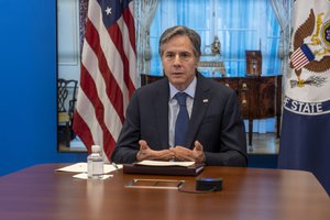 Secretary of State Antony J. Blinken participates in a virtual roundtable with Palestinian American Community Leaders, from the U.S. Department of State in Washington, D.C. on June 4, 2021.