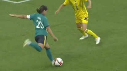 Matilda star Sam Kerr was denied by the goalpost in a stunning strike against Sweden.