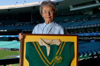 Joyce Churchill, the widow of Clive Churchill, with his treasured 1948 Test debut jersey.