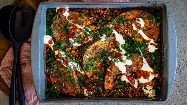 Spiced pumpkin with turmeric and tomato pearl barley and harissa yoghurt.