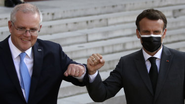 Shoulder to shoulder ... Prime Minister Scott Morrison with French President Emmanuel Macron in Paris.