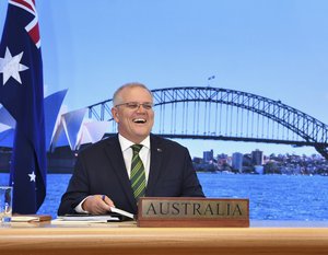 Australia's Prime Minister Scott Morrison participates in the inaugural Quad leaders meeting with the President of the United States Joe Biden, the Prime Minister of Japan Yoshihide Suga and the Prime Minister of India Narendra Modi in a virtual meeting in Sydney, Saturday, March 13, 2021.