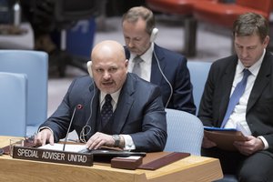 Karim Asad Ahmad Khan, Special Adviser and Head of the United Nations Investigative Team to Promote Accountability for Crimes Committed by Da’esh/Islamic State in Iraq and the Levant (UNITAD), briefs the Security Council meeting on threats to international peace and security