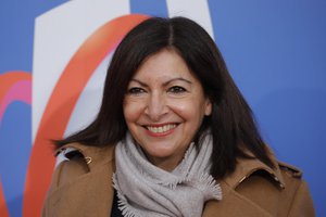 Paris mayor Anne hidalgo poses before the Rugby World Cup 2023 draw, Monday, Dec. 14, 2020 in Paris