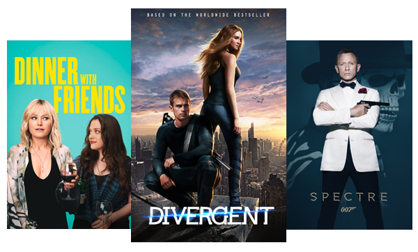 Blockbuster and classic movies like Dinner With Friends, Divergent and the Spectre.