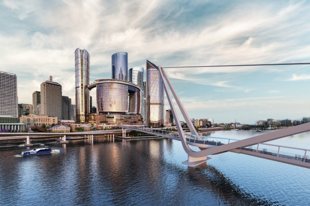 An artists’ impression of the Neville Bonner Bridge, which is under construction between South Bank and the Queen’s Wharf casino development.