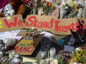 Tributes and memorials at St Ann's Square, Manchester, England, Manchester Arena bombing, May 2017.Part of massive media presence