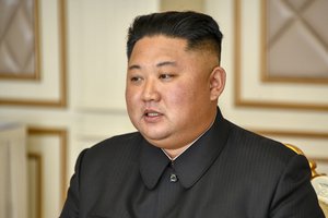 Secretary of State Mike Pompeo and Chairman Kim Jong Un of the Democratic People's Republic of Korea attend a working lunch in Pyongyang, Democratic People's Republic of Korea on October 7, 2018.