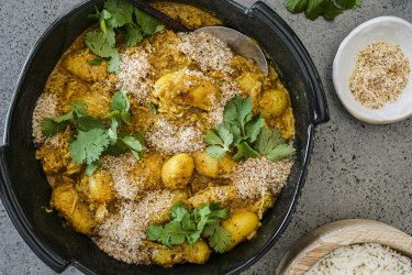 Cheat’s Malaysian creamy coconut curry with chicken and potatoes.