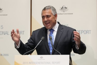 Joe Hockey releasing the last intergenerational report in 2015. Labor has signalled it would broaden the report’s remit and release one more often.