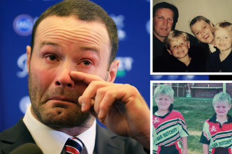 Boyd Cordner does it tough at his retirement announcement; with mum Lanai, dad Chris and brother Dane; and the boys in their junior footy days. Photo: Getty