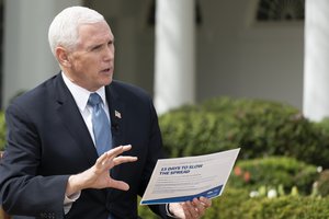 Vice President Mike Pence participates in a virtual Fox News Town Hall with interviewer Bill Hemmer Tuesday, March 24, 2020, in the Rose Garden of the White House.