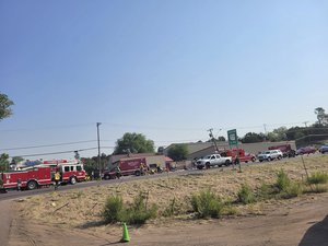 This Saturday, June 19, 221, photo released by the Timber Mesa Fire and Medical District shows emergency personnel at the scene of a mass casualty incident near Downtown 9 in Show Low, Ariz., Saturday, June 19, 2021.