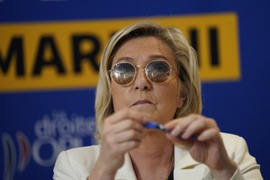 Far-right leader Marine le Pen attends a press conference in Toulon, southern France, Thursday, June 17, 2021.