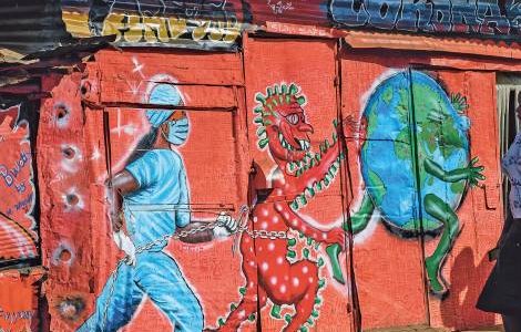 A local art group, art360, painted this mural dedicated to the fight against the virus in the settlement of Kibera, Nairobi, Kenya. GORDWIN ODHIAMBO/AFP/GETTY 